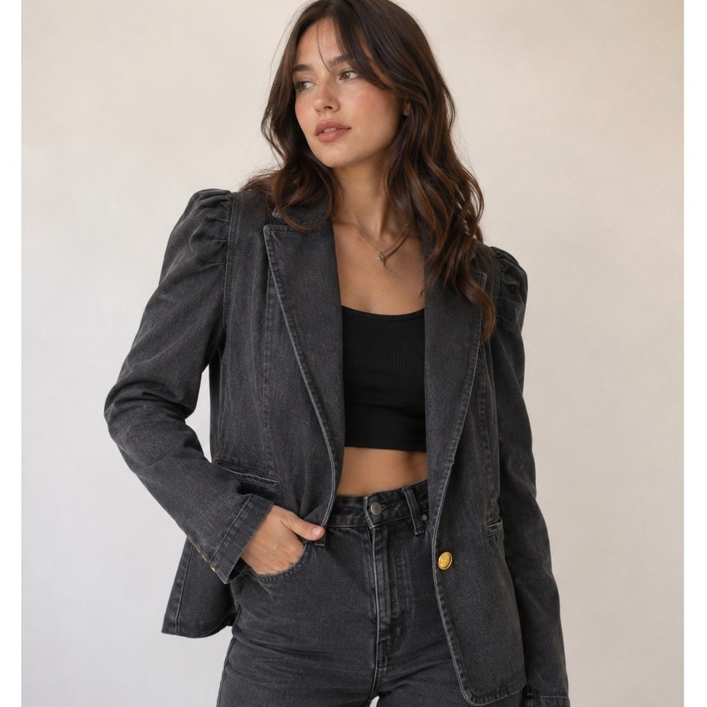 Elan Women Gray Denim Puff Shoulder Blazer Single Button JE8155 Size Medium NWT